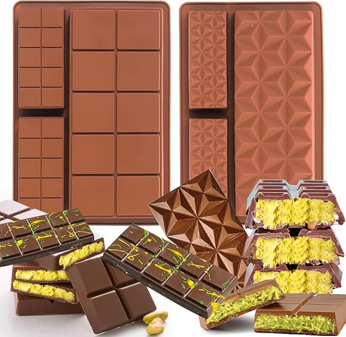Palksky Chocolate Bar Mold Deep, 2Pack Silicone Chocolate Molds with Grid & Diamond Shapes for Homemade Chocolates, Silicone Molds for Making Pistachio Chocolate Bars, Treats & Desserts