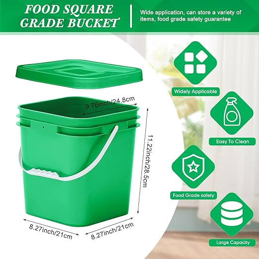 Mumufy 5 Pcs 3.5 Gallon Square Food Grade Bucket with Lid Square Bucket Pail with Plastic Handles for Storing Dry Food, Charcoal, Camping, Fishing (Green)