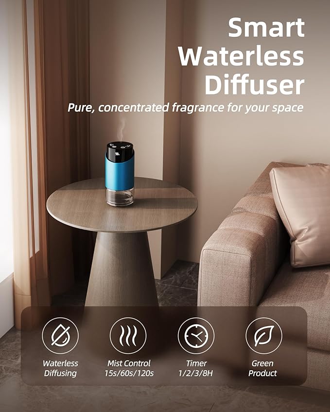 Waterless Essential Oil Diffuser Aromatherapy Scent Diffusers for Home Large Room, Bedroom, Car, Office, Desk, Battery Operated Mini Portable Air Freshener, 3 Countdown Timers & 3 Mist Levels