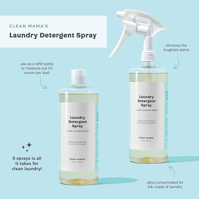 Clean Mama Laundry Detergent Spray & Pre-Treater Refill - Natural Laundry Detergent Soap for Sensitive Skin - Eco-Friendly, HE Compatible - Unscented - 64+ Loads of Laundry, 32 oz