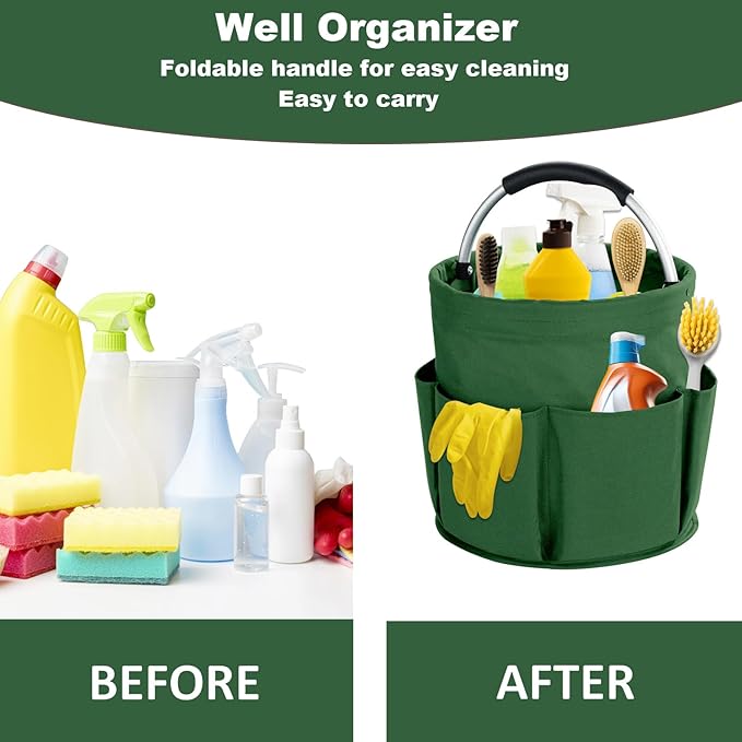 17L Cleaning Caddy with Handle, Cleaning Supplies Organizer, Foldable Storage Basket, Cleaning Supply Caddy, Portable Multi Cleaning Bucket Bag for Home, Garden (Green)