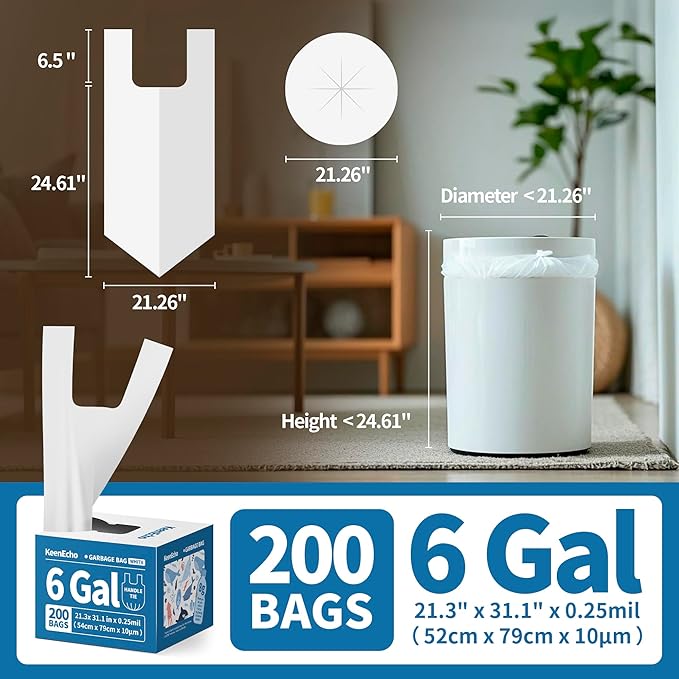 Small Trash Bags with Handles 6 Gallon 200 Count White - Ocean Plastic Upcycling - Plastic Garbage Bags, Can Bin & Waste Basket Liner for Kitchen, Bathroom, Office and Pets