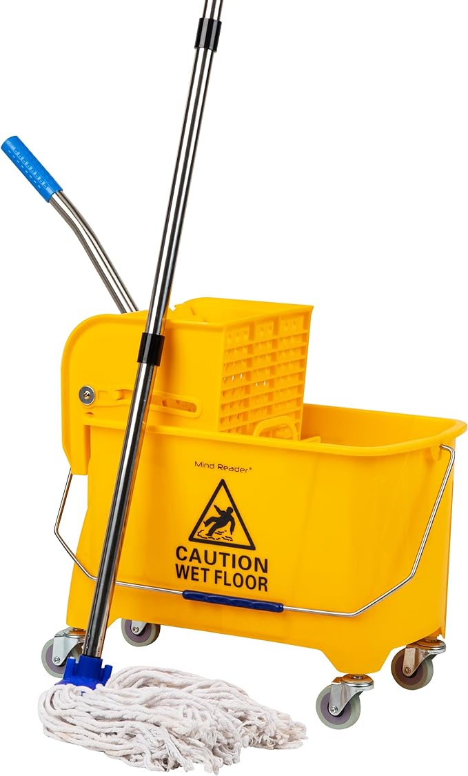 Mind Reader Bucket with Wringer and Mop Set, 22 Qt (5.5 Gallon), Floor Cleaning, Wheels, 16.25" L x 10.75" W x 24.5" H, Yellow