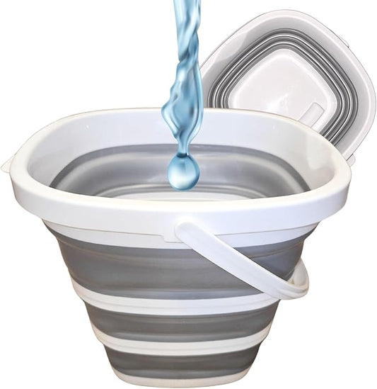 Collapsible Bucket 10L (2.6 Gallon) – BPA-Free Folding Silicone with Handle, Spout & Hook | Compact, Space-Saving for Mop, Cleaning, Car Wash, Camping, Beach, and Outdoor Use (Grey)
