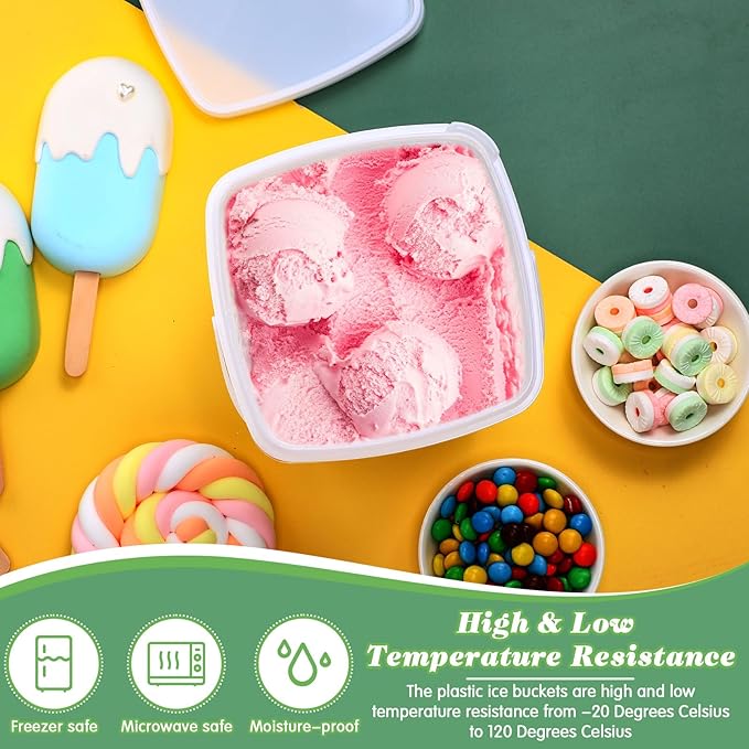 Mifoci 24 Pcs 2 Qt/ 67 Oz/ 2 L Plastic Food Containers Ice Cream Buckets with Lids and Handle Reusable Square Deli Containers Freezer and Microwave Safe for Kitchen Food Drinks Storage