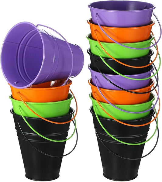 Sadnyy 12 Pack Metal Buckets with Handle, Galvanized Bucket 4.5 x 5 Inch Basket Bucket Party Supplies, Crafts for Christmas Halloween Candy Bars Vase Crafts(Horror Color)