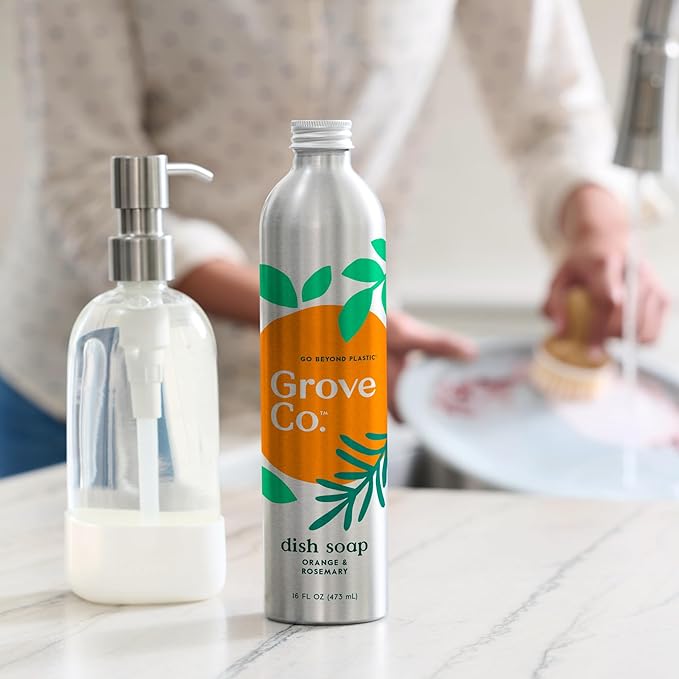 Grove Co. Ultimate Dish Soap Refills (3 x 16 Fl Oz) Removes 48-hr Stuck-on Food & Grease, No Plastic or Parabens, 100% Natural Orange & Rosemary Fragrance