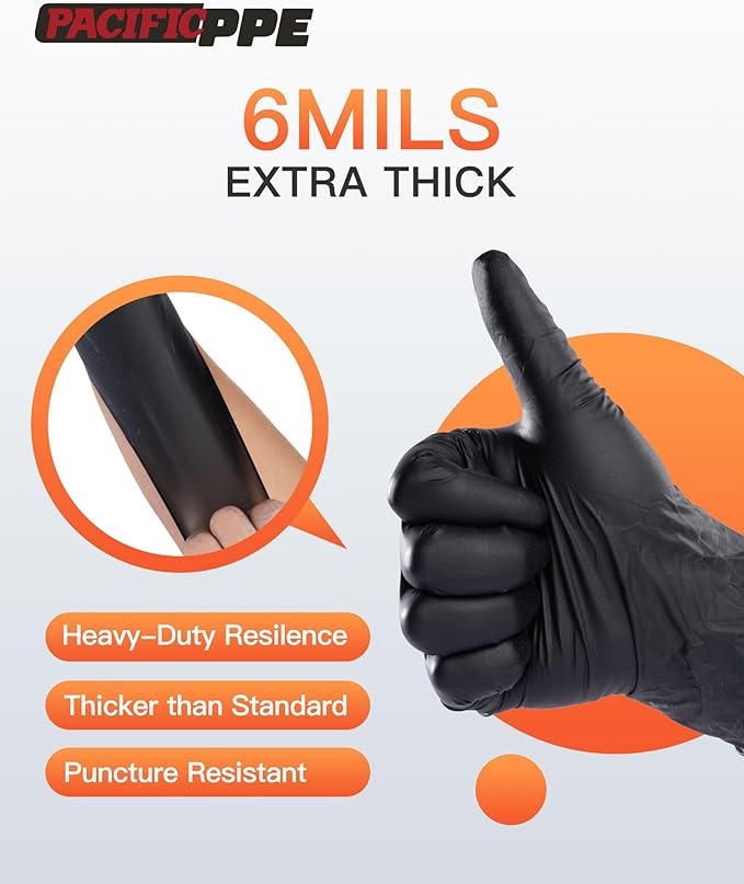 PACIFIC PPE Black Nitrile Disposable Gloves, 6 Mil, Food-Safe, Cooking & Cleaning, Powder-Free, Heavy-Duty, Textured Fingertips, 100 Count, Large