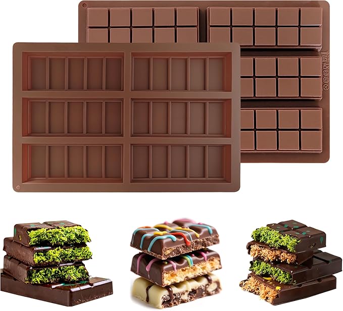 2 Pack Silicone Chocolate Bar Molds - Non-Stick Deep Dubai Chocolate Mold for Candy Bars, Pistachio, Homemade Energy,Protein Bars, Homemade Desserts (Reusable, Break Apart Design, Dishwasher Safe)