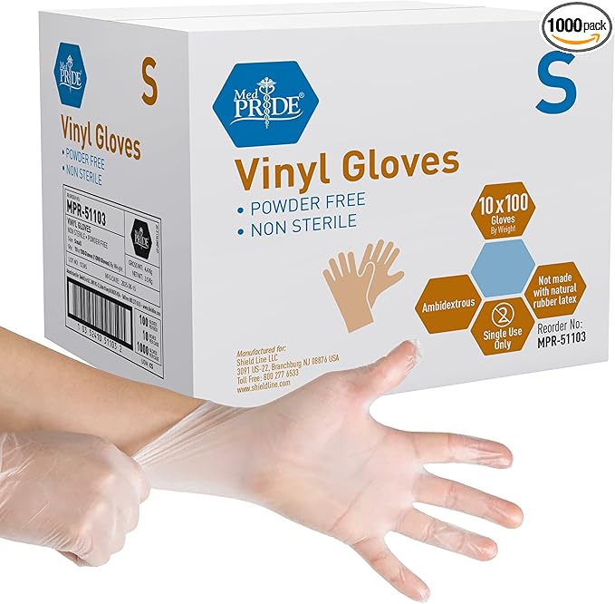 Med PRIDE Vinyl Gloves| Small Case of 1000| 4.3 mil Thick, Powder-Free, Non-Sterile, Heavy Duty Disposable Gloves| Professional Grade for Healthcare, Medical, Food Handling, and More