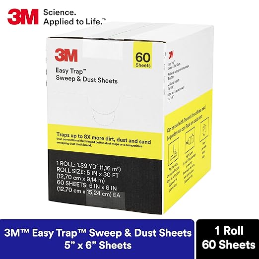 3M Easy Trap Sweep and Dust Sheets, 1 Roll of 60 5" x 6" Sheets, Disposable Easy Sweep Floor Duster, Picks Up 8x More Dirt, Dust, Sand, Hair, Works on Dry or Wet Surfaces, Hardwood Floors, 59032W