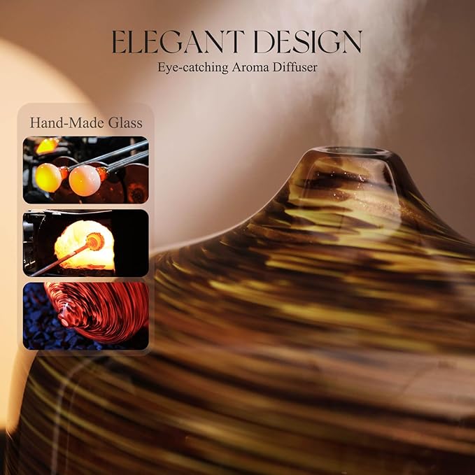 Porseme 500ml Glass Essential Oil Diffuser Aromatherapy Ultrasonic Cool Mist Humidifier 15-21 Running Hours Waterless Auto-Off Air Diffusers for Sleeping Yoga Office Working Spa and Rest (Dark Golden)