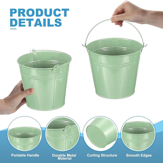 PATIKIL 5.9"x5.1" Small Metal Buckets with Handle, 6 Pcs Mini Galvanized Bucket Colorful Easter Buckets for Crafts Party Favors Decoration, Light Green