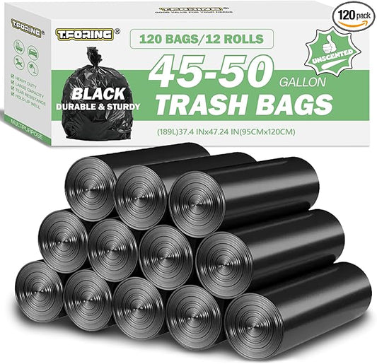 45-50 Gallon Black Trash Bags 120 Count - 38''x47'' Large Garbage Bags Unscented, 40+ Gallon Trash Can Liners, Multipurpose for Office, Outdoor, Yard and Commercial