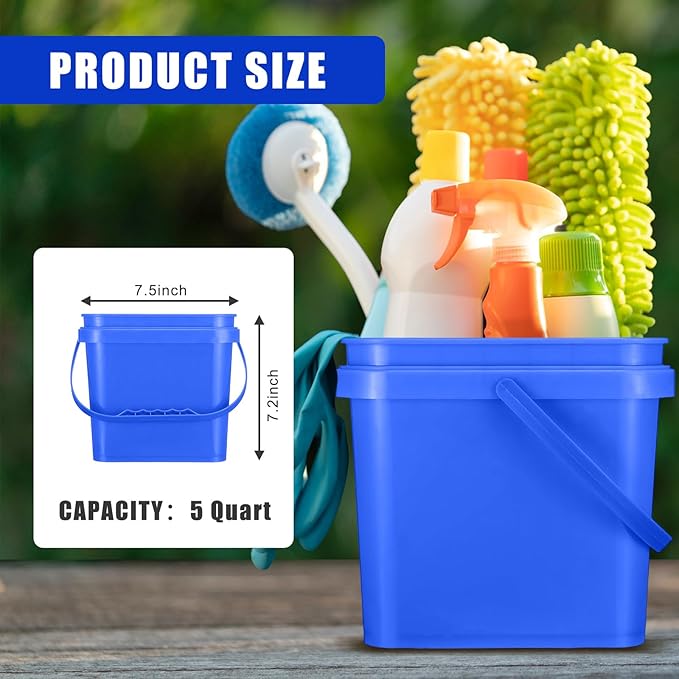 4 Pcs Plastic Bucket 5 Quart Square Bucket Utility Small Pail with Handle Sturdy Pail Organizer for House Cleaning Storage Livestock Feeding Car Washing Food Storage, No Lids(Blue)