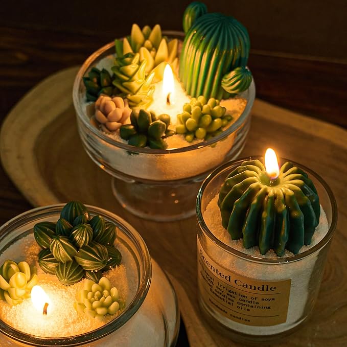 Succulent Wax Molds for Candle Making 10 Pack 3D Cacti Silicone Candle Mold Handmade Cactus Flower Plant Decorate Cement Resin Casting Soap Ornament Craft Mold Chocolate Cake Fondant Moulds Home Decor