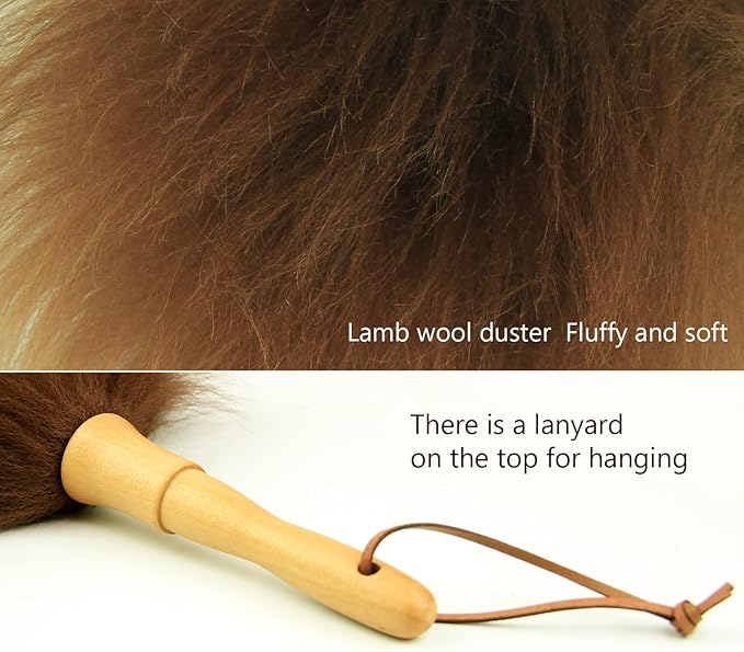 Lambs Wool Duster for Cleaning Window Blinds Computer Furniture TV Computer Screens Bookshelves Solid Wooden Handle Natural Feather Duster,26'', Brown