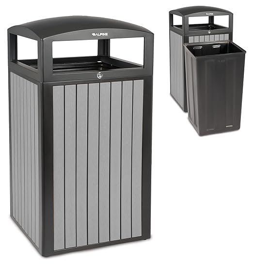 Alpine 40 Gallon Commercial Outdoor Trash Can with Lid - Modern Heavy Duty Large Outdoor Garbage Can with Durable Plastic Bin, Slatted Recycled Plastic Panels for Patio, Parks, Trails & Resorts (Grey)