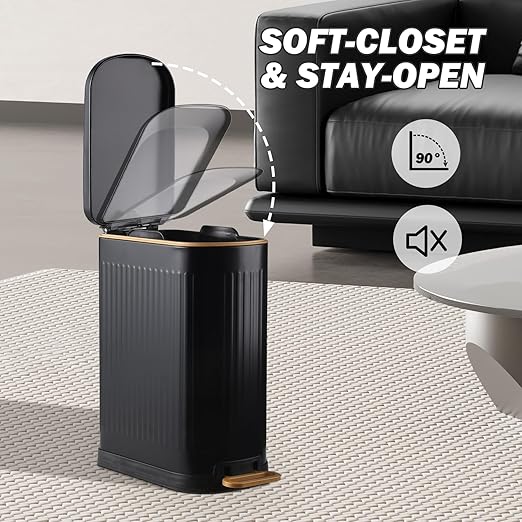Slim Bathroom Trash Can with Lid Stainless Steel Garbage Can Soft Close Step Trash Bin with Removable Inner Bucket for Bedroom, Office, Kitchen (Matt Black, 3.5 Gallons)