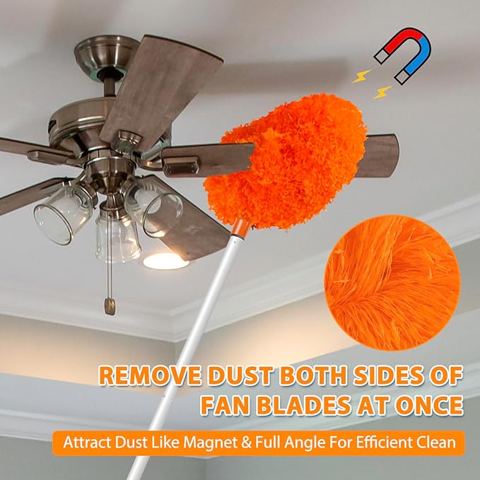 Ceiling Fan Cleaner Duster High Ceiling Extended Fan Blade Cleaner from 13 to 50 Inch Reusable Microfiber Ceiling Fan Duster with Extension Handle for Furniture Bookshelves Wall Door (Orange)