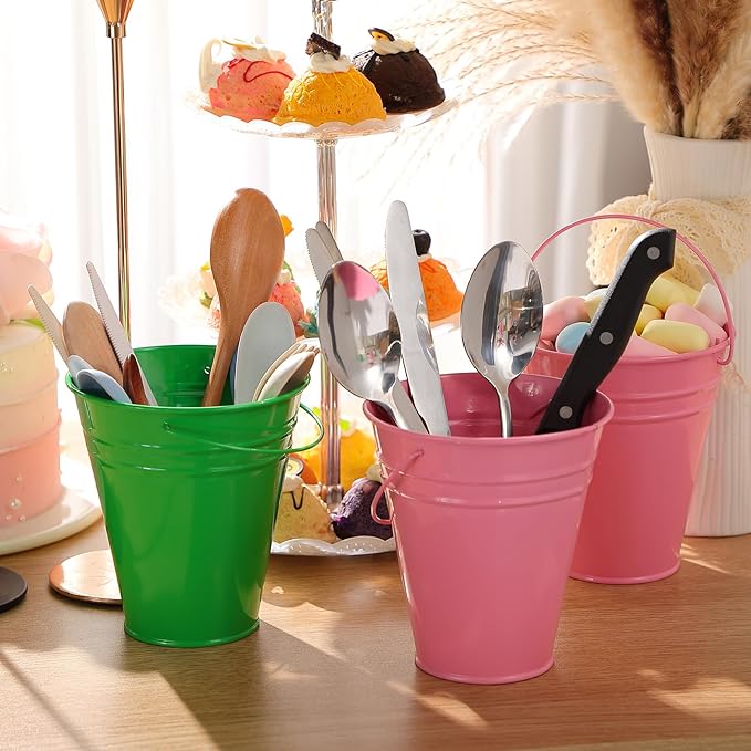 Sadnyy 12 Pack Metal Buckets with Handle, Galvanized Bucket 4.5 x 5 Inch Basket Bucket Party Supplies, Crafts for Christmas Halloween Candy Bars Vase Crafts(Pink Green)