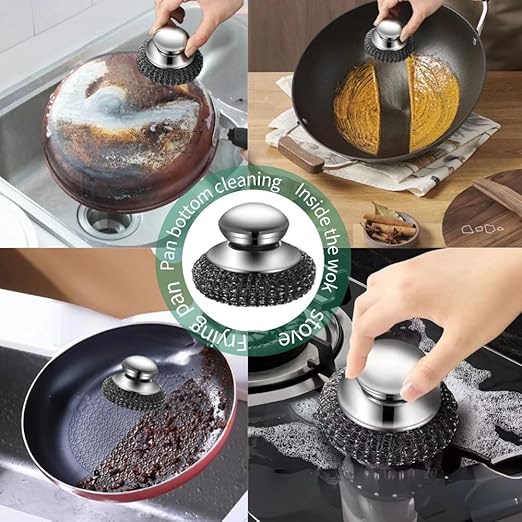 Steel Wool Scrubber with Handle: 7Pcs Stainless Steel Scrubber Brush Set – 2 Brushes, 4 Replaceable Pads, 1 Screwdriver for Home Cooks,BBQ Enthusiasts Anti-Scratch, for Grill, Pot, Stove, DIY Use