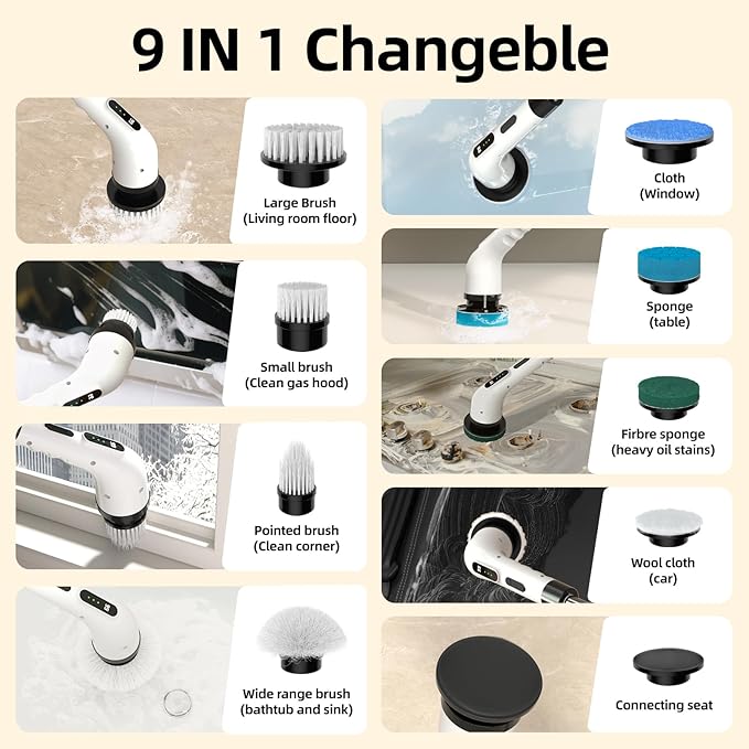 Electric Spin Scrubber for Cleaning, 9 in 1 Changeable Bathroom Scrubber with Power Display, Long Cordless Cleaning Brush, Cordless Shower Cleaner Brush for Bathtub Kitchen Wall Cleaning