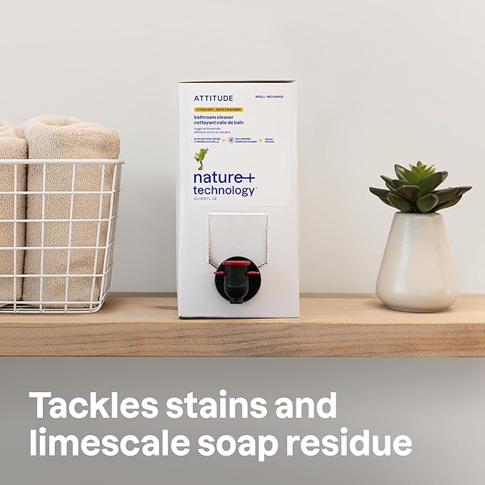 ATTITUDE Bathroom Cleaner Spray Refill, EWG Verified, Plant-Based & Vegan, Safe for Bathroom Surfaces, Tiles, Tubs, Shower Walls, and Grout, Citrus Zest Scent, 67.6 Fl Oz