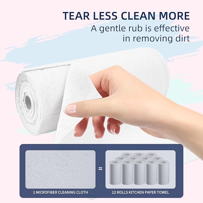 & PLUSH Microfiber Cleaning Cloth Roll - 70 Pack, Tear Away Microfiber Towels, 12" x 12", Reusable, Washable, Streak Free, Ultra Absorbent Dish Rags for Car, Home, Garage or Shop (Blue and White)