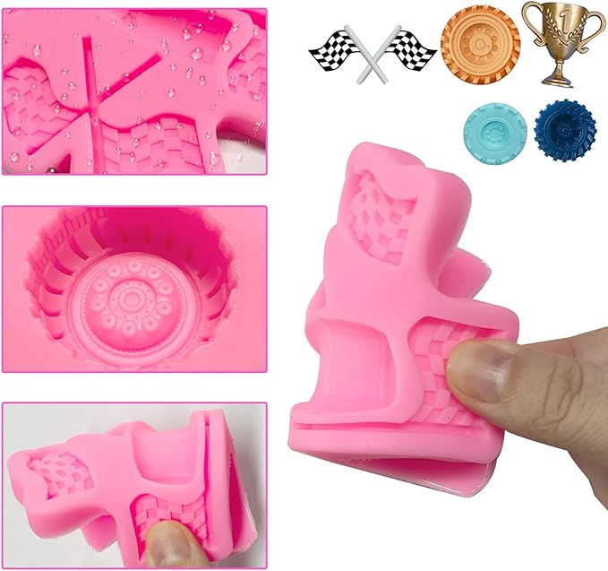 Race Car Silicone Molds, 3D Round Tire Fondant Mold, Truck Wheel Shape Silicone Mold, Racing Car Chocolate Candy Mold Baking Mold Cupcake Topper Decoration for DIY Boy Birthday Clay Resin Crafting
