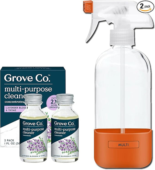 Grove Co. Multi-Purpose Cleaner, Refill Concentrate (2 x 1 Oz) + Glass Spray Bottle (16 Oz), Plant-based Household Cleaning Supplies Bundle, No Plastic Waste, Natural Lavender Blossom & Thyme Scent