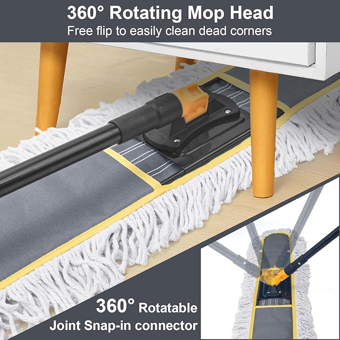 24" Commercial Dust Mop for Floor Cleaning,Heavy Duty Floor Duster Sweeper Broom with 2 Replacement Mop Pads,Large Wet Dry Flat Mops for Hardwood Floors,Marble, Laminate,Tile,Concrete,Garage (Grey)