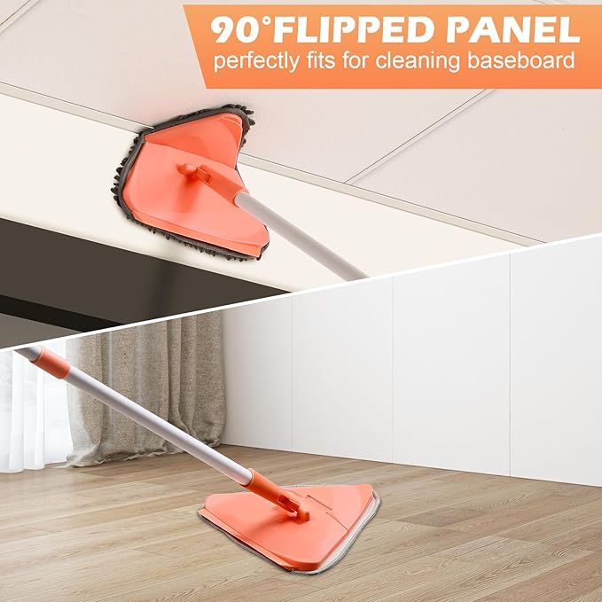 Wall Cleaner Triangle Mop with 82'' Long Handle - Wall Scrubber, Cleaning Washer Tool with 4 Microfiber Chenille Duster Pads for Clean Walls, Ceiling, Windows, Floors, Baseboards (4 Pads)