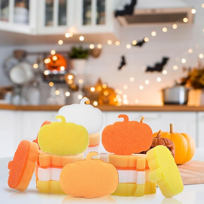 Tioncy 12 Pack Thanksgiving Pumpkin Kitchen Sponges Bulk Fall Dual Sided Scrubber Sponges Dishwashing Non Scratch for Kitchen Accessories Dish Scouring Orange, Yellow, Beige