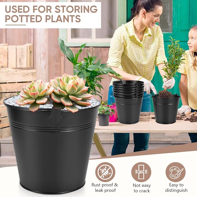 OBTANIM 7 Pack Black Metal Buckets with Handle Galvanized Ice Pails for Plants, Succulents, Party Favors Organizing, Rustic Home Decor or Classrooms Pencil Storage (7.1 x 5.2 inch)