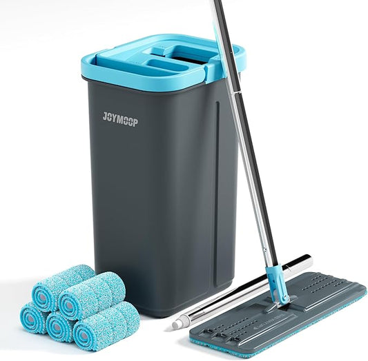 JOYMOOP Mop and Bucket Set with Wringer, with 5 Reusable Microfiber Mop Pads, Mops for Floor Cleaning and Wall Cleaning, Hands-Free Flat Mop for Home Use - Grey+Cyan Blue