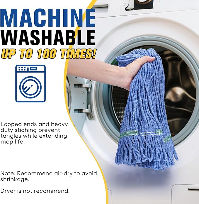 Matthew Cleaning Commercial Mop Head Replacement, 5 Inch Wide Headband, Looped End Cotton Blend String Wet Mops for Floor Cleaning, 18 oz Medium, 6-Pack Blue