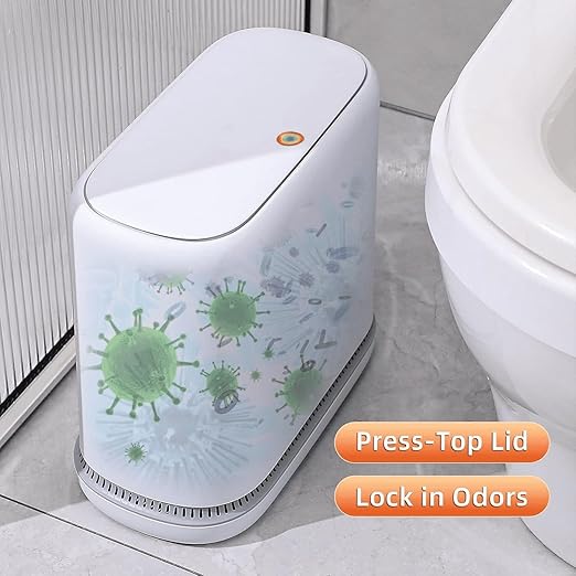 MOPALL Bathroom Trash Can with Lid, 3.3 Gallon Slim Odor-Control & Pet-Proof Garbage Bin, Automatic Bag Adsorption, Fits in Narrow Spaces, White