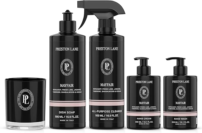 Preston Lane Signature Set, Includes All Purpose Cleaner, Dish Soap, Hand Wash, Hand Cream, & Scented Candle, Mayfair