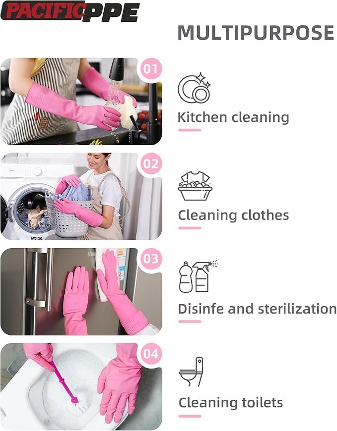 PACIFIC 2 Pairs Reusable Rubber Gloves for Washing Dishes and Cleaning Tasks, Water Resistant Household Gloves for Kitchen Bathroom, Grippy Latex Dish Washing, Pink, Small