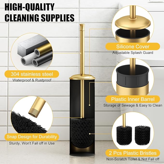 BESy Toilet Brush and Holder, Toilet Cleaner Bowl Set with Two Brush with Extra Long Handle, Durable Bristles Toilet Scrubber and Covered Holder, Drip-Proof Stainless Steel Brushed Gold