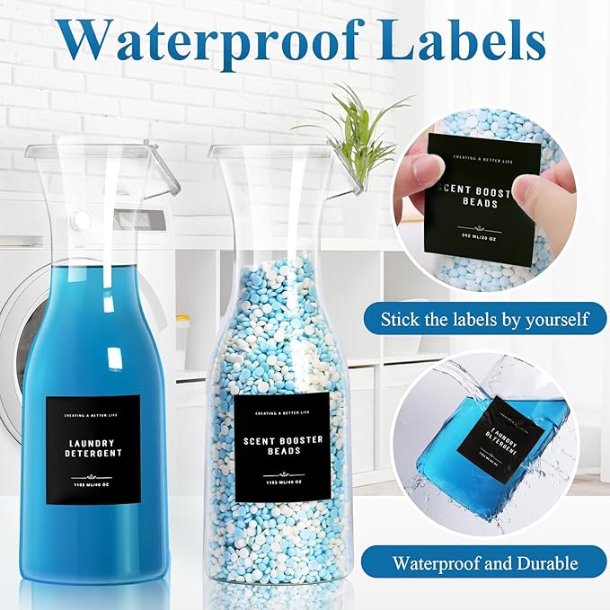 Laundry Detergent Dispenser Bottle 40oz with Waterproof Label for Detergent, Soap, Fabric Softener, Scent Booster Beads, Sturdy PET Bottle for Laundry Room Decor - 2 Pack Black