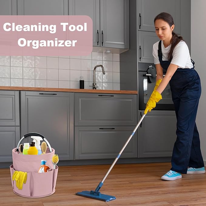 17L Cleaning Caddy with Handle, Cleaning Supplies Organizer, Foldable Storage Basket, Cleaning Supply Caddy, Portable Multi Cleaning Bucket Bag for Home, Garden (Pink)