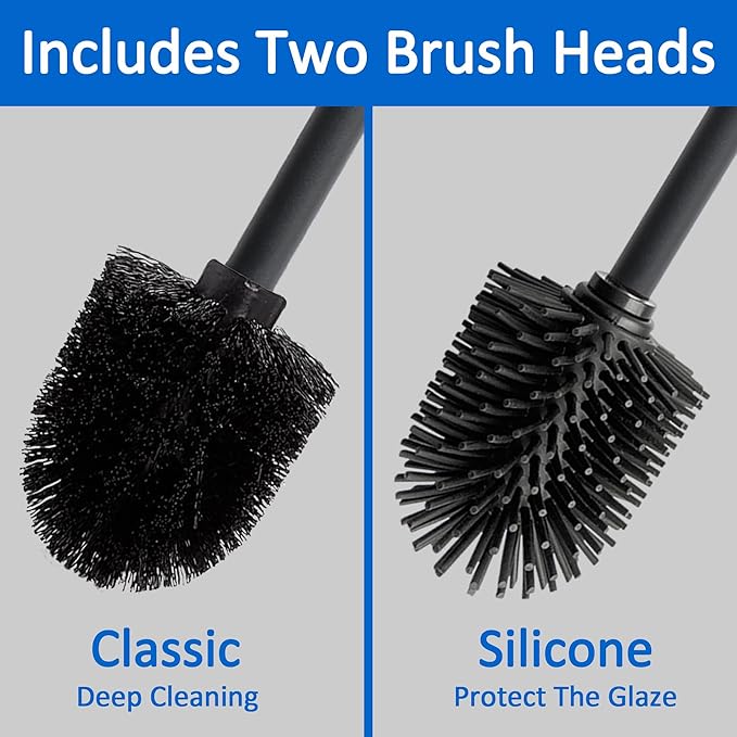 Toilet Bowl Brush and Holder, Toilet Brush with Bamboo Handle and Covered Holder, Dual Brush Options, Weighted Metal Base (Black)