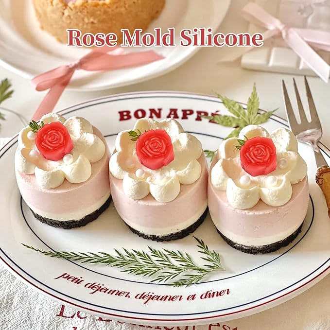 2 Pcs Rose Mold Silicone, 15 Cavity Flower Silicone Molds, Non Stick Rose Ice Cube Mold for Candy, Chocolate, Soap, Cupcake Decoration, Jelly, Dishwasher Safe, Pink + Gray