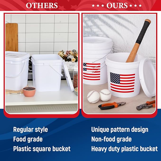 4 Pcs 2 Gallon Plastic Bucket with Lid and Handle, Large White Heavy Duty Bucket with American Flag for Home Gardening Tools Household Cleaning Baseballs Storage Container