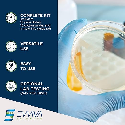Evviva Sciences Mold Test Kit for Home - 10 Easy Detection Tests w/Optional Lab Analysis (Extra Fee), Test HVAC System, Surfaces, & Indoor Air Quality Testing Kit - Downloadable Mold Information Guide