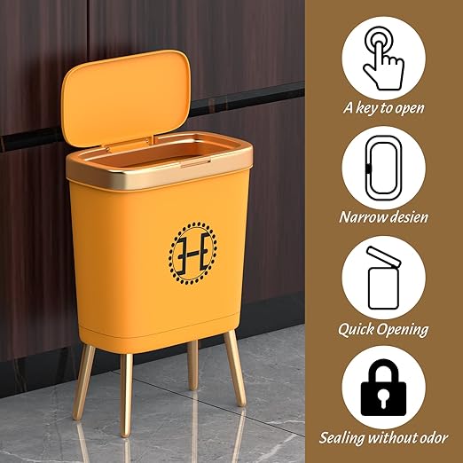 Bedroom Trash Can with Lid,Slim Bathroom Trash Cans with Lids, Dog Proof Trash Bin with Press Top Lid,Modern Gold Trash Can Plastic Waste Basket for Living Room, Office,Kitchen, 4 Gal-Orange