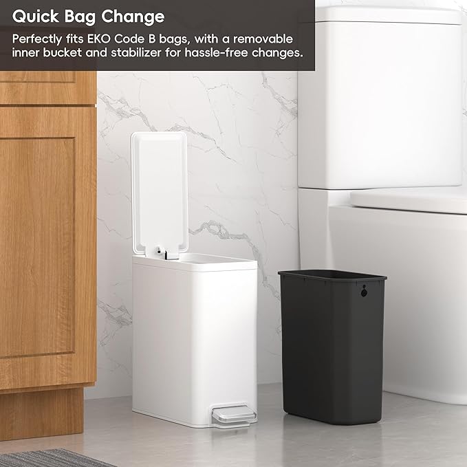 EKO Slim Small Bathroom Trash Can with Lid, Stainless Steel Small Garbage Can with Removable Inner Bucket, 6L / 1.6 Gal, Step On Trash Bin (White)