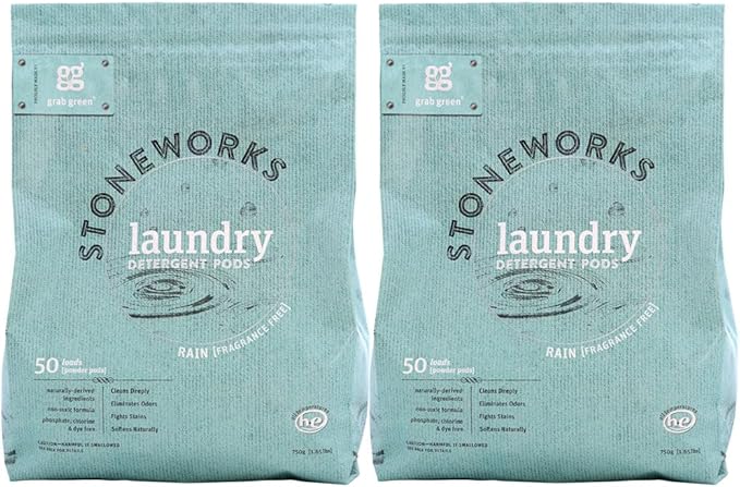 Grab Green Stoneworks Laundry Detergent Pods, 100 Count, Fragrance Free Rain Scent, Plant and Mineral Based, Cleans Deeply, Eliminates Odors, Fights S